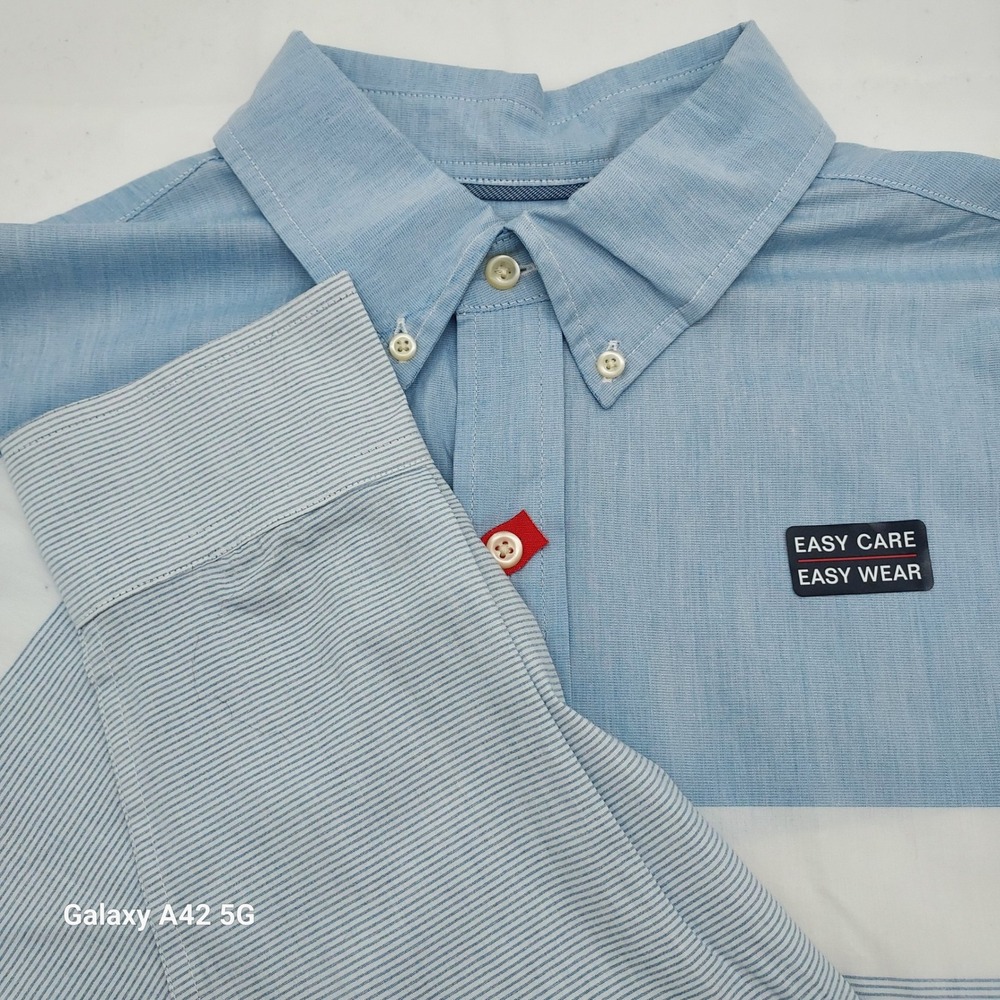 Chaps Mens Stretch Easy Care Button Down Shirt Blue Colorblock Striped Large NEW